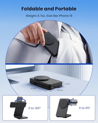 Magnetic Wireless Charging Station for Apple: Upgraded QI2 Certified 15W 3-in-1 Magsafe Wireless Charger Stand, Foldable Travel Fast Charger for iPhone 17 16 15 14 13 12 Series, Apple Watch, AirPods - color: Pure Black