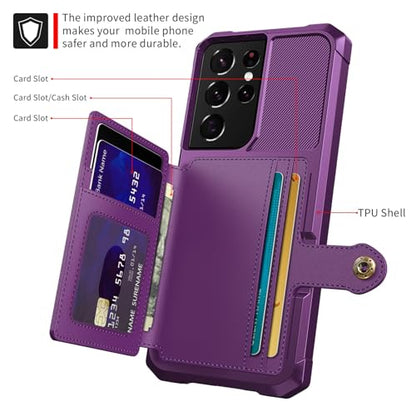 Wallet Case for Samsung Galaxy S21 Ultra, Compatible with Magnetic Car Mount, Heavy Duty Shockproof Rugged Soft TPU Back Leather Flip Credit Card Holder Cover 6.8 inch, Purple - color: Purple, size: Samsung Galaxy S21 Ultra