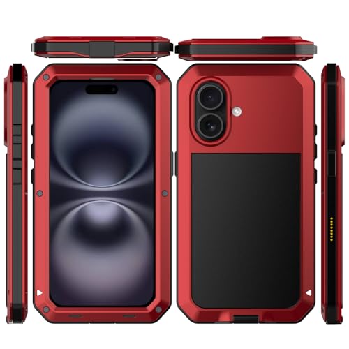 for iPhone 16 Metal Case 6.1",Heavy Duty Shockproof Aluminum Alloy Tough Armour Military Grade Phone Case,360 Full Body Protective Cover with Silicone Built-in Screen Protector - Red - color: Red
