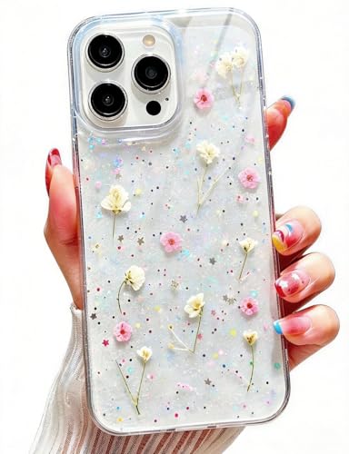 IAIYOXI for iPhone 11 Pro Max Clear Case with Pressed Real Flowers Design - Glitter Cute White Floral Pattern, Slim Soft TPU Protective Phone Cover for Women and Girls (Pink) - color: Pink, size: iPhone 11 Pro Max