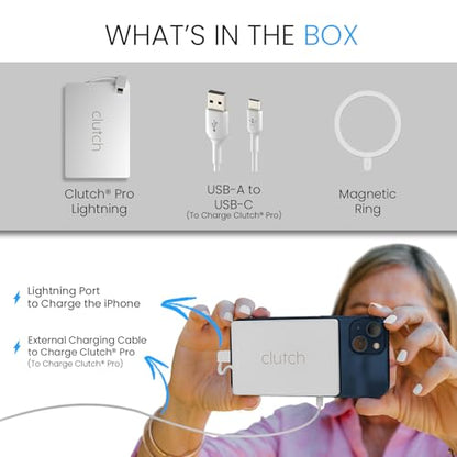 Clutch Pro – World's Thinnest iPhone Charger – Portable Power Bank 5000mAh – Magnetic Built-in Lightning Cable – TSA Approved Travel Charger – iPhone 14 & Earlier – White - color: White