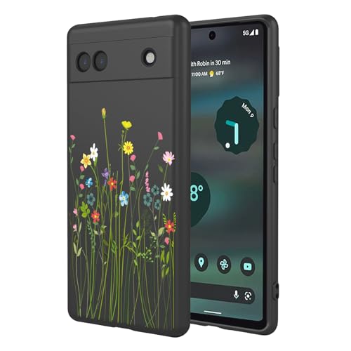Case for Google 6A Floral Phone Case Soft Touch Liquid Silicone Fluffy Lining Wireless Charging Compatible Protective Phone Cover for Google Pixel 6A,Black Wildflower - color: Black Wildflower, size: For Google Pixel 6A