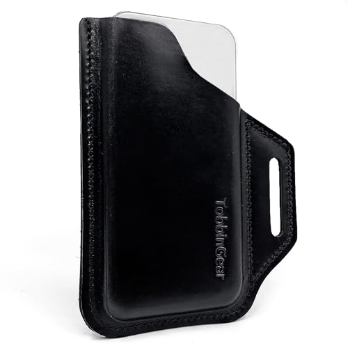 TobbinGear Leather Belt Phone Pouch, Left Handed Leather Cell Phone Holster, Universal Phone Case with Belt Loops, for Men and Women Black Large - color: Loops - Black, size: L - Left Handed