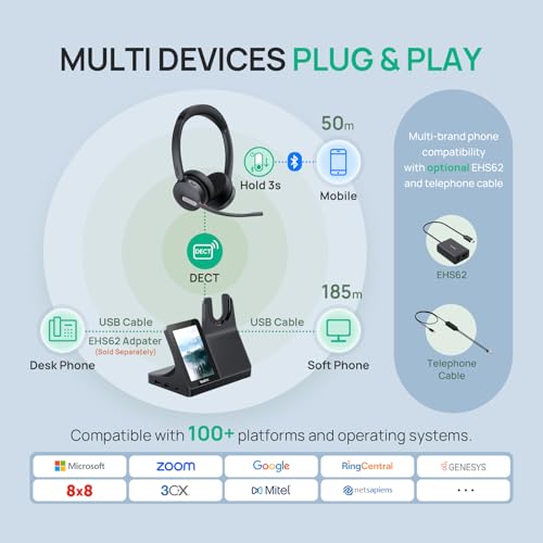 Yealink WH64 Workstation Dual Wireless Headset System with Touchscreen Base, DECT & Bluetooth, 3 Noise-Cancelling Microphones, Speakerphone, Busy Light for Office & Hybrid Work - style: WH64 Workstation Dual Teams