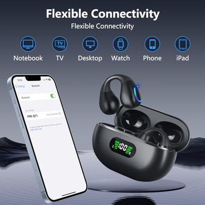 Ultra Open Ear Headphones Bluetooth 5.3 Wireless Bone Conduction Clip On Earbuds with Digital Display Charging Case 60 Hours Playtime Sport Earphones IPX7 Waterproof for Running Fitness Black