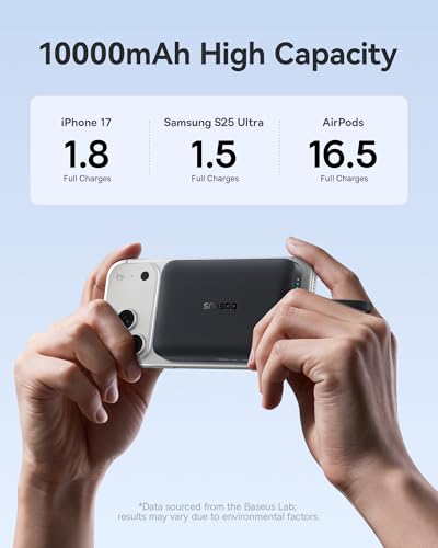 Baseus Magsafe Power Bank, 10,000mAh 30W Magnetic Portable Charger, Fast Charging Wireless Battery Pack with Built-in Braided USB-C Cable for iPhone 17 Pro Max/Air/16/15/14/13, AirPods, iPad and More