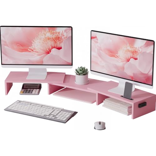 BONTEC Dual Monitor Stand Riser, Adjustable Length & Swivel Angle, Pink - color: Pink, size: 42.5 in