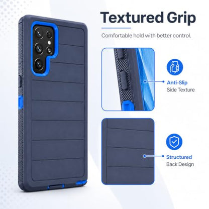 Three Layer Protective Case for Samsung Galaxy S23 Ultra,Black and Blue Dual Color,Heavy Duty Drop Protection Case