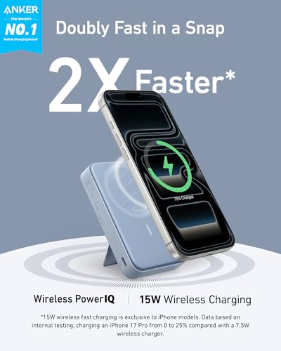 Anker MagGo Power Bank, 10,000mAh Qi2-Certified 15W Max Portable Charger | Fast MagSafe-Compatible Battery Pack, Smart Display, Foldable Stand, for iPhone 16 / 15 / 14 / 13 Only (USB-C Cable Included) - color: Blue