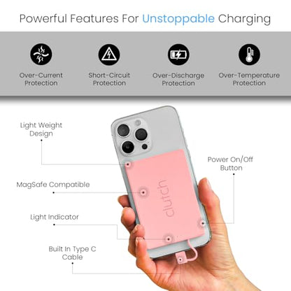 Clutch Pro – World's Thinnest Portable Charger – USB-C Power Bank 5000mAh – Magnetic Built-in Cable – TSA Approved Travel Charger – iPhone 15/16/17 & Android – Pink - color: Pink