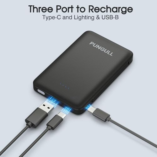 Slim Portable Charger 5000mAh - Compact Mini Small Power Bank Built-in Cable Cute Mobile Cell Phone External Battery Pack 5V 2.1A USB-C Compatible with iPhones 6/7/8/X/XS/XR/11/12/13/14 Airpods