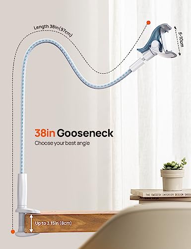 Aomiker Gooseneck Phone Holder for Bed - [Upgrade Nylon Braid] 38” Flexible Lazy Arm Clip, 360 Adjustable Overhead Phone Mount for iPhone 16 15 14 13 12 11 Pro Max Mini Plus, 4-7" Cellphone - White - color: White