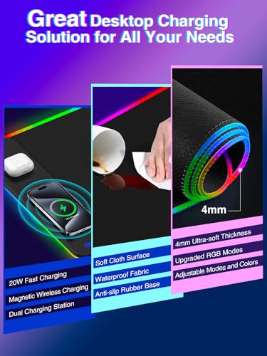 Magnetic Charging Mouse Pad 31.5x15.75, 15W Fast Wireless Charging Desk Mat, XXL Desk Pad RGB Gaming Mousepad, Home Office Large Keyboard Pad with Ultra-Smooth Surface, Non-Slip Base - color: 31.5x15.75"Magnetic RGB-Black with PD Charger
