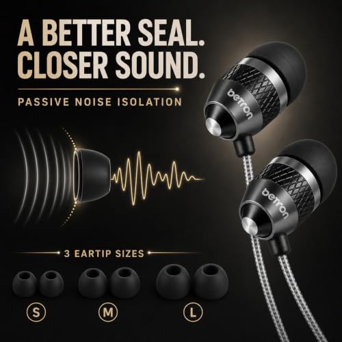 Betron B25 Earphones, Noise Isolating in-Ear Wired Headphones, Black - color: Black