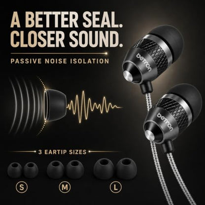 Betron B25 Earphones, Noise Isolating in-Ear Wired Headphones, Black - color: Black