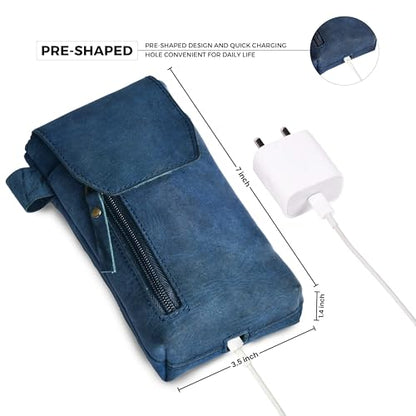 Leather Village Genuine Leather 7”x3.5” Phone Holster Pouch with Belt Clip, Magnetic Closure, ID Card Holder - Blue Universal Case for iPhone, Samsung Galaxy, Google Pixel - color: Blue