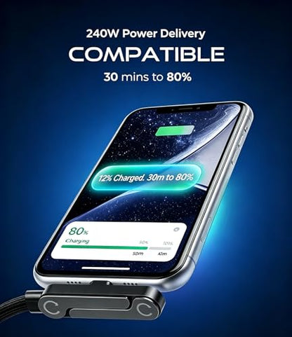 240W USB C to USB C Cable Fast Charging Cable 5FT for Samsung Galaxy S26 S25 Ultra S24 A37 A57 A36 A17 with Built-in Phone Stand,Invisible Stand Flat Charging USB C Cord Right Angle for iPhone 17 16e