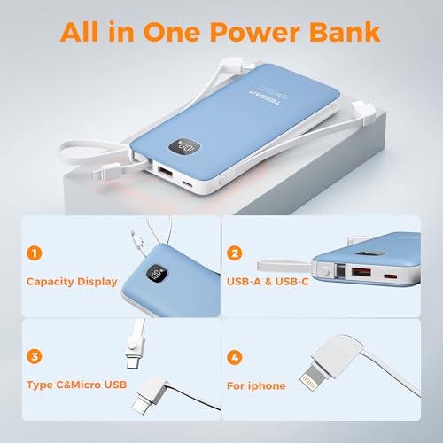 TESSAN Portable Charger with Built in Cables, 10000mAh Power Bank Wall Plug - color: Blue