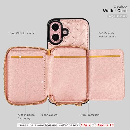 Bocasal Crossbody Wallet Case Card Holder for iPhone 16, Rose Gold | RFID Blocking PU Leather Zipper Handbag Purse, Kickstand Flip Folio Case with Card Slots Holder Wrist Strap Lanyard 6.1 Inch - color: Rose Gold