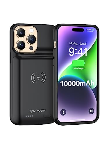 NEWDERY Battery Case for iPhone 14 Pro/14/13/13 Pro, 10000mAh Charger Case | Qi Wireless Charging & Wired Earphone & Sync-Data Supported, Portable Extended Battery Pack with Led Indicators