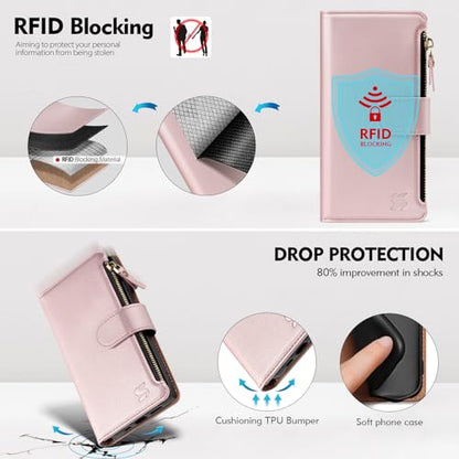 Shieldtop Compatible with Samsung Galaxy S23 Ultra 5G Wallet Case with Card Holder,Women Men RFID Blocking PU Leather Phone Case Flip Protective Cover Wrist Strap Zipper Credit Card Slots,Rose Gold - color: Rose Gold, size: Galaxy S23 Ultra - 6.8"