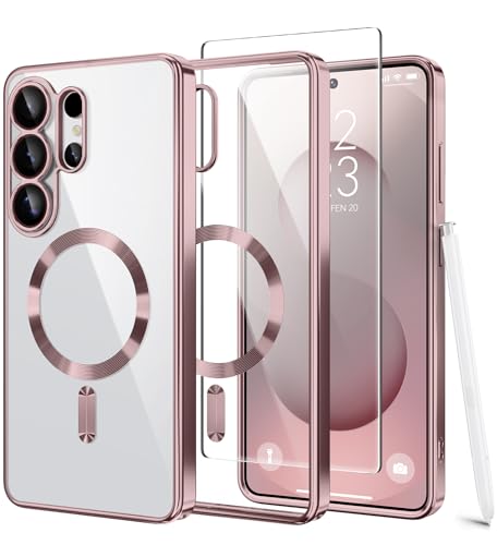 Magnetic Case for Samsung Galaxy S26 Ultra with Screen Protector,[Compatible with MagSafe][Full Camera Protection]Slim Military Shockproof Plating Phone Cover for AI Galaxy S26 Ultra(Warm Pink/Clear) - color: Warm Pink/Clear, size: Samsung Galaxy S26 Ultr