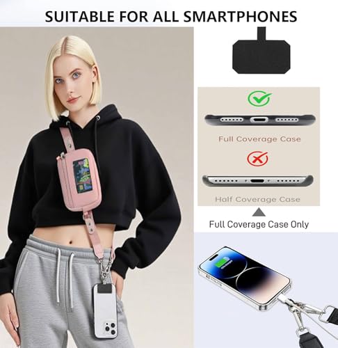 Phone Lanyard Crossbody with Wrist Strap, Adjustable Phone Strap Crossbody with Detachable Wallet for All Phones,Universal Cell Phone Neck lanyard for Travel Essentials-Pink - color: Pink