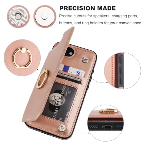 ONETOP for iPhone 17e/16e Wallet Case with Credit Card Holder,Rosegold | 360° Rotation Ring Kickstand,Finger Grip,Double Magnetic Clasp,RFID Blocking PU Leather Shockproof Cover for Women Men - color: Rose Gold