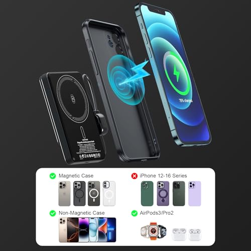 LUCKYDUO 3 in 1 Magnetic Wireless Power Bank, Slim Magnetic Portable Charger with Foldable Stand & LED Display, PD 20W USB C Cable Magnetic Battery Pack for iPhone 17/Air/Pro/16/15/14/13 (10000mAh)