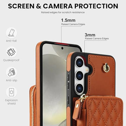 Asuwish Phone Case for Samsung Galaxy S25 5G Wallet Cell Cover with Tempered Glass Screen Protector Wrist Crossbody Strap RFID Blocking Credit Card Holder S 25 25S 25 25S SM-S931U Women Girls Brown - color: Brown