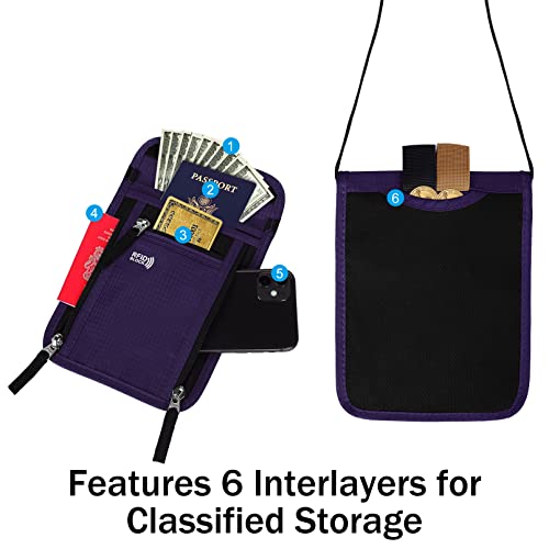 Travel Pouch Neck Wallet Family Passport Holder Organizer Case with RFID Blocking - color: Purple