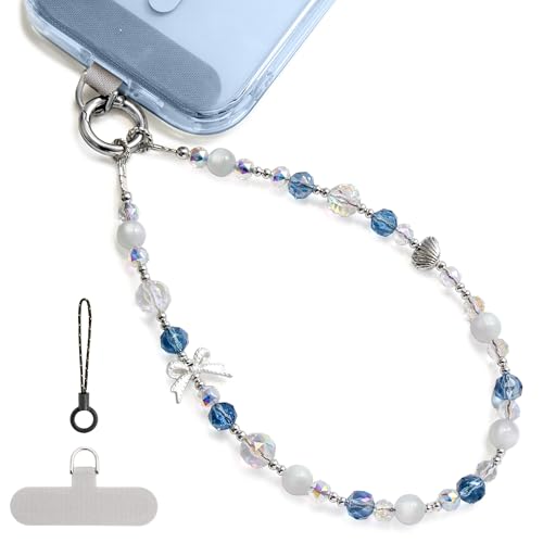 Phone Charm, Pearl Crystal Beaded Wrist Strap for Women, Hands-free, Drop-proof and Anti-theft, Detachable, with Tether Tab & Black Lanyard Strap - color: Knots Oceans
