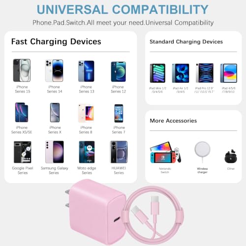 3FT iPhone 17 16 15 Charger Fast Charging USB C Charger Block - color: Pink, size: 3FT