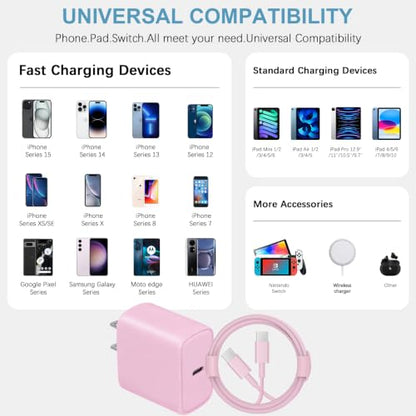 3FT iPhone 17 16 15 Charger Fast Charging USB C Charger Block - color: Pink, size: 3FT