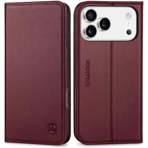 SHIELDON Genuine Leather Case Wallet for iPhone 17 Pro Max 6.9", Wine Red | Magnetic Closure, RFID Blocking, Credit Card Slot, Kickstand, Flip Book Design, Soft Shockproof Phone Cover - color: Wine Red