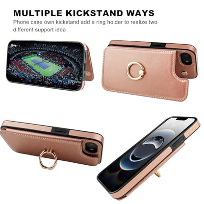 ONETOP for iPhone 17e/16e Wallet Case with Credit Card Holder,Rosegold | 360° Rotation Ring Kickstand,Finger Grip,Double Magnetic Clasp,RFID Blocking PU Leather Shockproof Cover for Women Men - color: Rose Gold