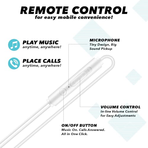 Wired Earbuds with Microphone, 3.5mm in‑Ear Headphones with Inline Volume Control, Plug‑in Earphones for Laptops, Tablets, and Phones – White