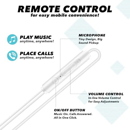 Wired Earbuds with Microphone, 3.5mm in‑Ear Headphones with Inline Volume Control, Plug‑in Earphones for Laptops, Tablets, and Phones – White