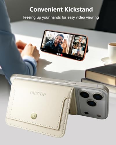 ONETOP for MagSafe Wallet,Magnetic Phone Wallet with 5 Card Slots,Beige | 1-12 Cards/Cash Holder for iPhone 17/16/15/14/13/12 Series,Detachable Wallet Stick-On Back,PU Leather RFID Blocking Kickstand - color: Beige