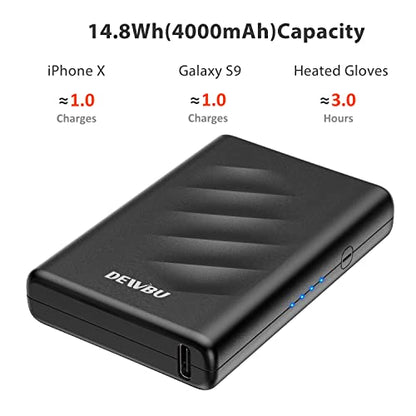 DEWBU Mini Portable Charger, 4000mAh Ultra Slim Lightweight Power Bank with Battery Level Indicator and USB-C Port for Travel, Compatible with iPhone, iPad, Samsung Galaxy, Android, and Heated Gloves