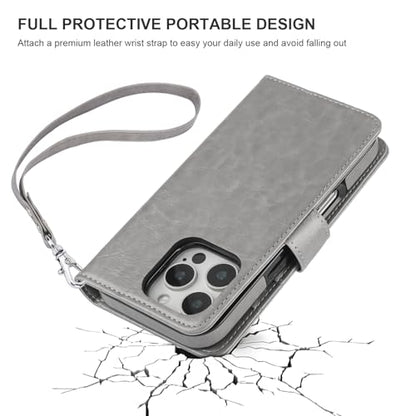Bocasal Detachable Wallet Case Card Holder for iPhone 16 Pro, Grey | RFID Blocking Kickstand Card Slots Holder PU Leather Magnetic Shockproof Wrist Strap Removable Flip Protective Cover 6.3 inch - color: Gray