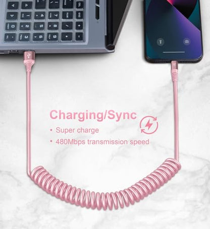 iPhone Charger Cable for Car 3FT, 2Pack Coiled Coiled Lightning Cable - color: Pink, size: 3FT, style: USB A to Lightning