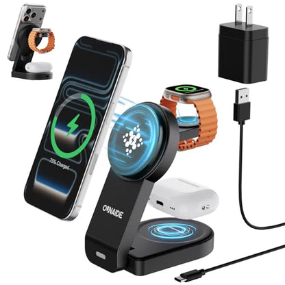 3 in 1 Foldable Charging Station for Apple Devices, Wireless Charger Stand for MagSafe Charger for iPhone 17/16/15/14/13/12, Phone Watch Charging Station for iWatch 10-2, for AirPods