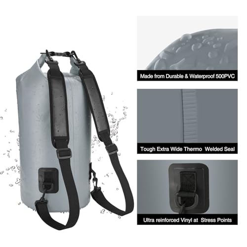 Piscifun Dry Bag, Waterproof Floating Backpack 10L/20L/30L/40L | Waterproof Phone Case, Adjustable shoulder straps, Roll-top closure keeps gear dry, Ideal for Boating, Kayaking, Fishing - color: Grey, style: 40l