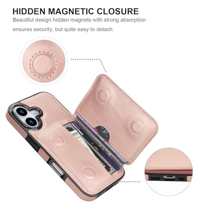 KIHUWEY Compatible with iPhone 17 Wallet Case Credit Card Holder, Premium Leather Kickstand Flip Hidden Magnetic Clasp Durable Shockproof Protective Cover for iPhone 17 6.3 inch (Rose Gold) - color: Rose Gold