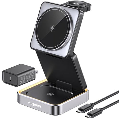 Augnner 3 in 1 Wireless Charging Station for Apple Devices, 15W Foldable Travel Magnetic Charger Stand for Magsafe with Light, for iPhone 18/17/16/15/14/13/12, Apple Watch & AirPods（20W Adapter ） - color: black