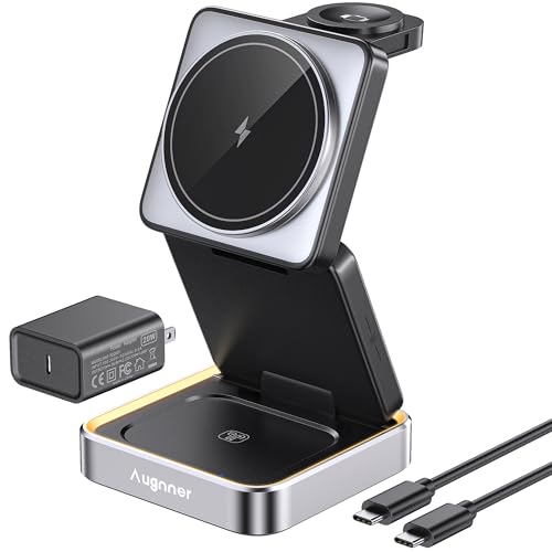Augnner 3 in 1 Wireless Charging Station for Apple Devices, 15W Foldable Travel Magnetic Charger Stand for Magsafe with Light, for iPhone 18/17/16/15/14/13/12, Apple Watch & AirPods（20W Adapter ） - color: black