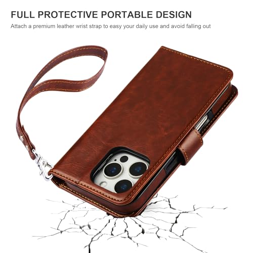 Bocasal Detachable Wallet Case Card Holder for iPhone 16 Pro, Brown | RFID Blocking Kickstand Card Slots Holder PU Leather Magnetic Shockproof Wrist Strap Removable Flip Protective Cover 6.3 inch - color: Brown