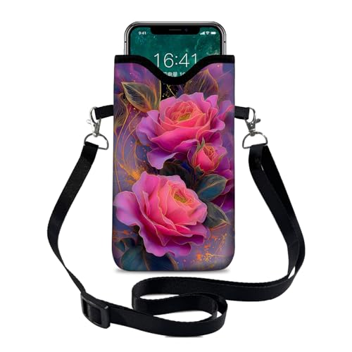 Neoprene Cell Phone Sleeve Pouch Case Bag with Crossbody Strap Neck Lanyard for Women 7.1 X 3.9 in Beautiful Flowers - color: Beautiful Flowers