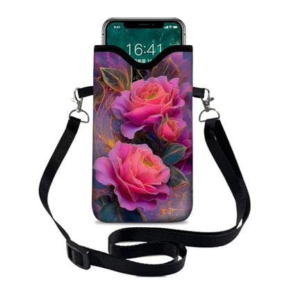 Neoprene Cell Phone Sleeve Pouch Case Bag with Crossbody Strap Neck Lanyard for Women 7.1 X 3.9 in Beautiful Flowers - color: Beautiful Flowers